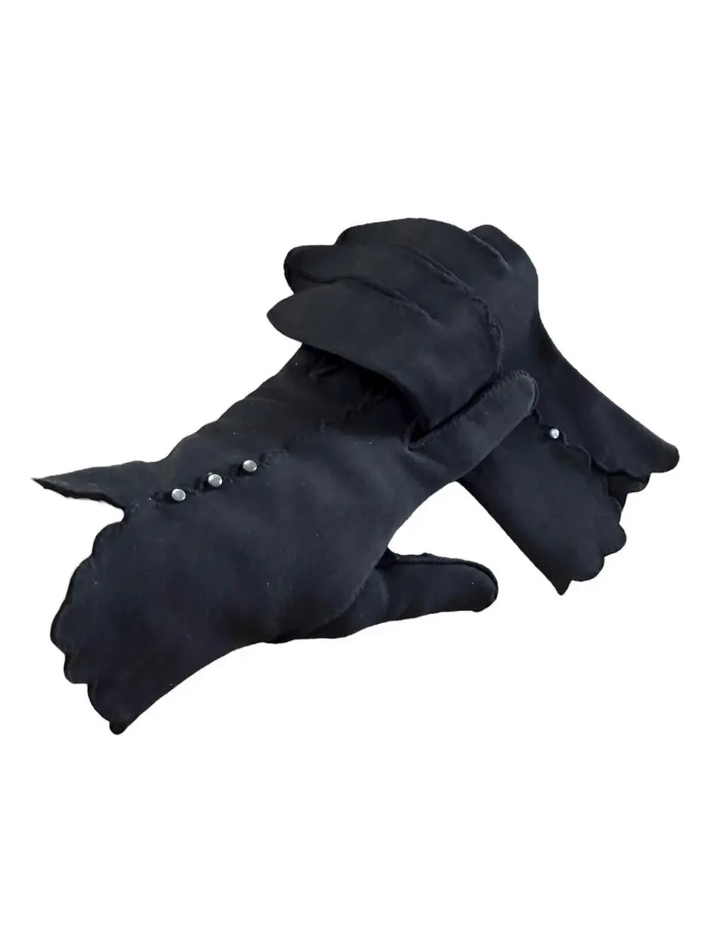 Vintage 1960s Gloves, Black Wrist Length, Scalloped Hem, WOUNDED BIRD, Shortie